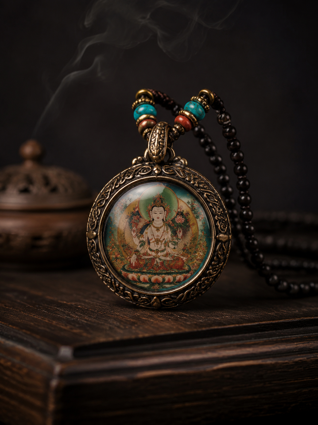 Hand-Painted Tibetan Thangka Amulet Pendant Necklace