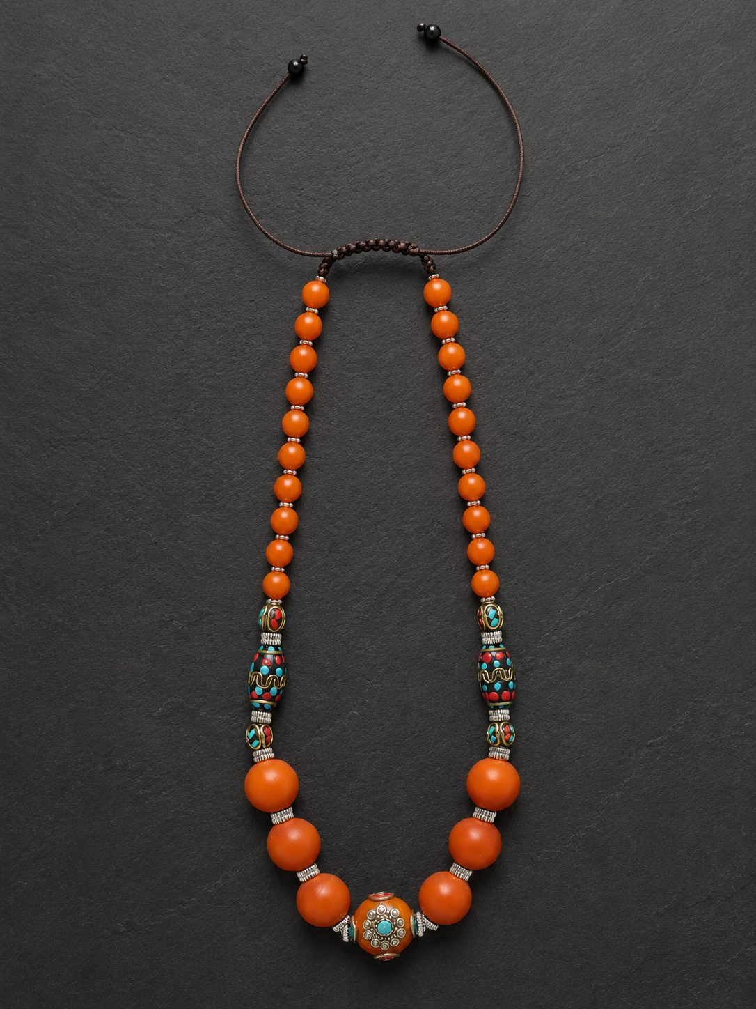Handmade Tibetan Resin Bead Necklace with Turquoise Inlay