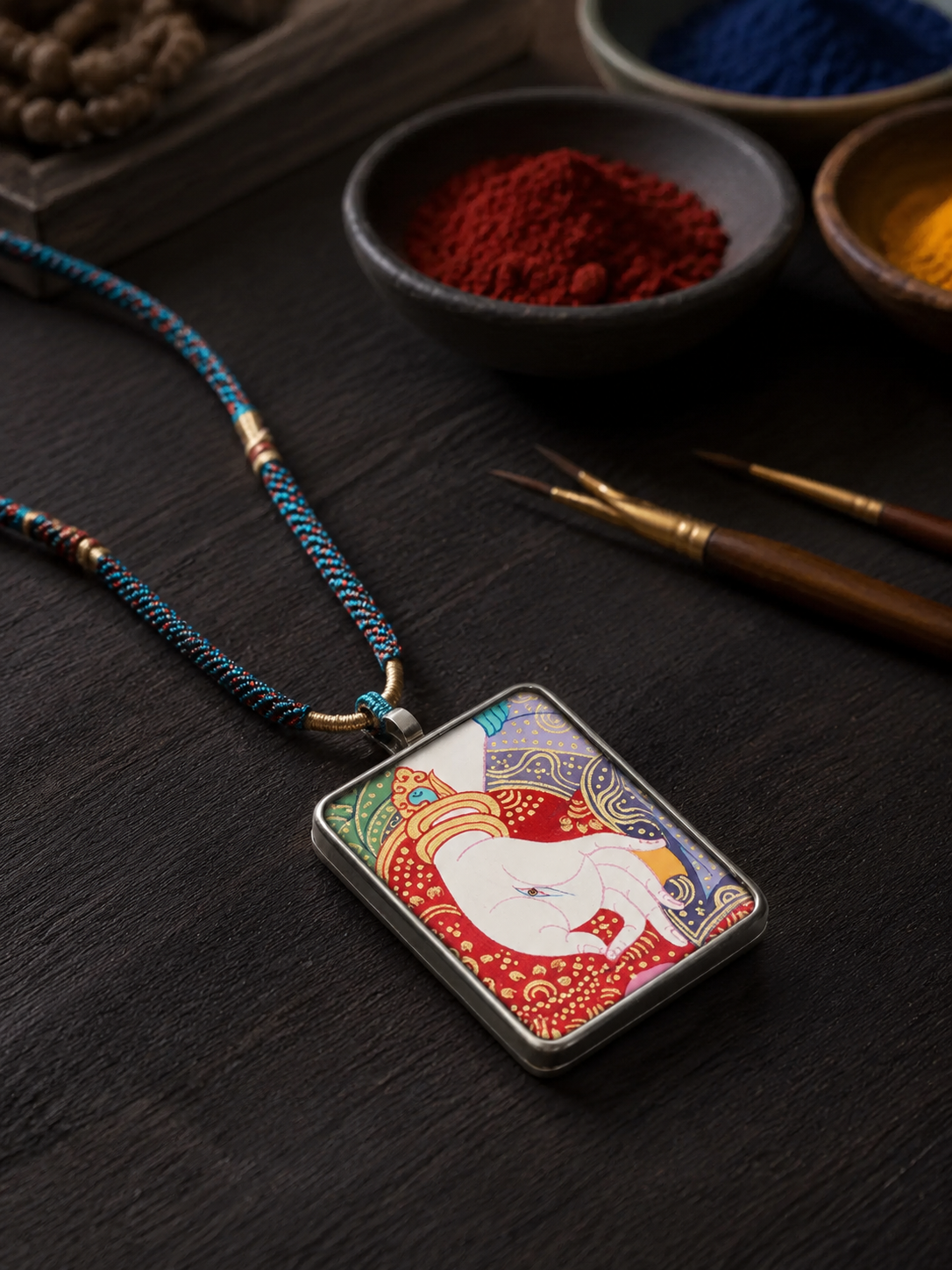 Handmade Tibetan White Tara Eye of Wisdom Thangka Necklace