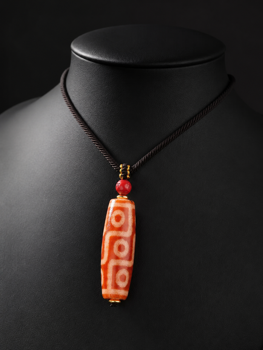 Authentic Tibetan 9-Eye Red Agate Dzi Bead Pendant Necklace