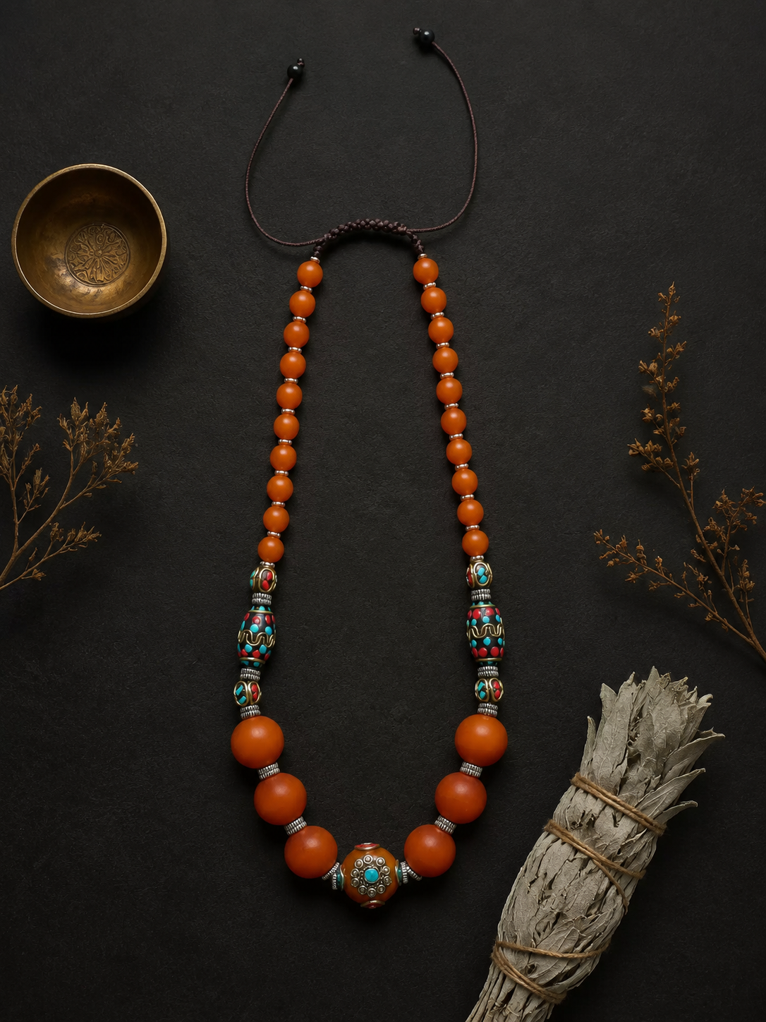 Handmade Tibetan Resin Bead Necklace with Turquoise Inlay