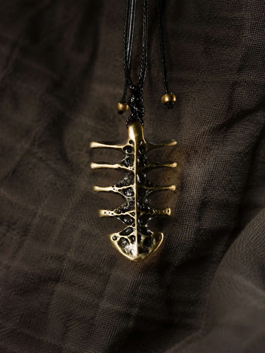 Vintage Brass Fishbone Amulet Pendant Necklace