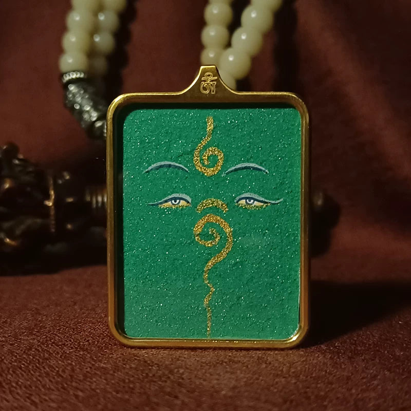 Hand-Painted Tibetan Thangka Pendant - Green Tara Buddha Eye Amulet