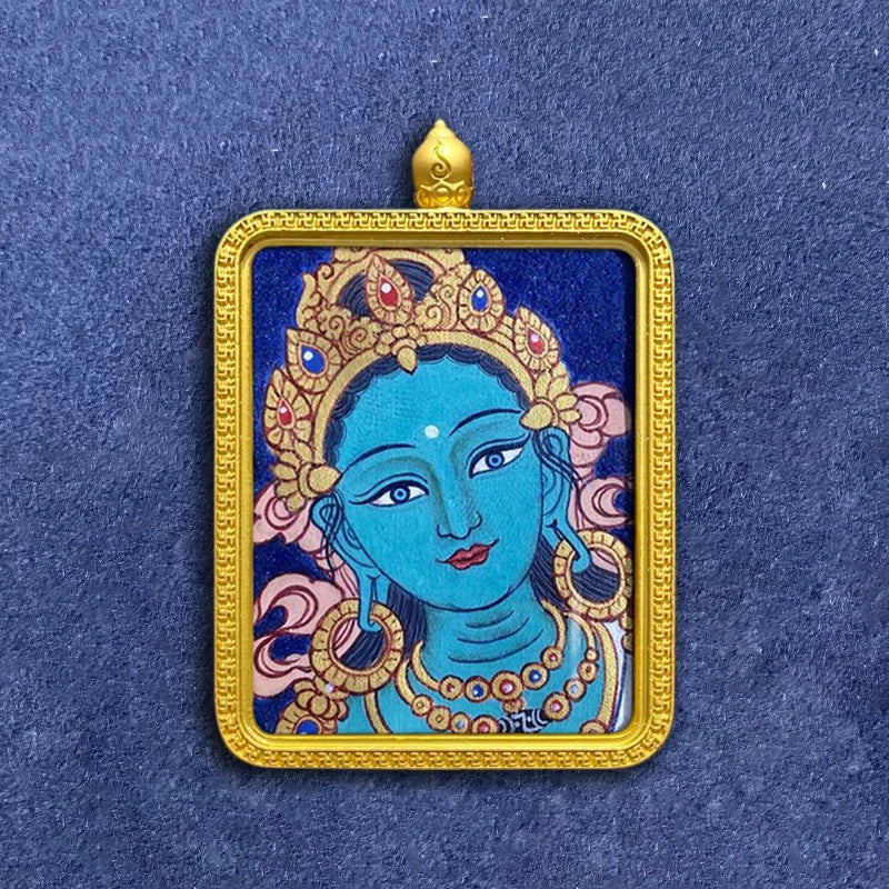 Hand-Painted Tibetan Green Tara Thangka Pendant Amulet