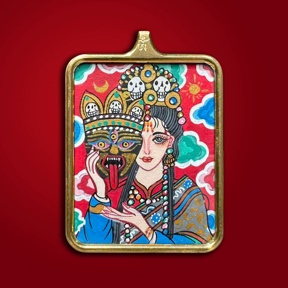 Hand-Painted Tibetan Zhaji Lhamo Thangka Amulet Pendant
