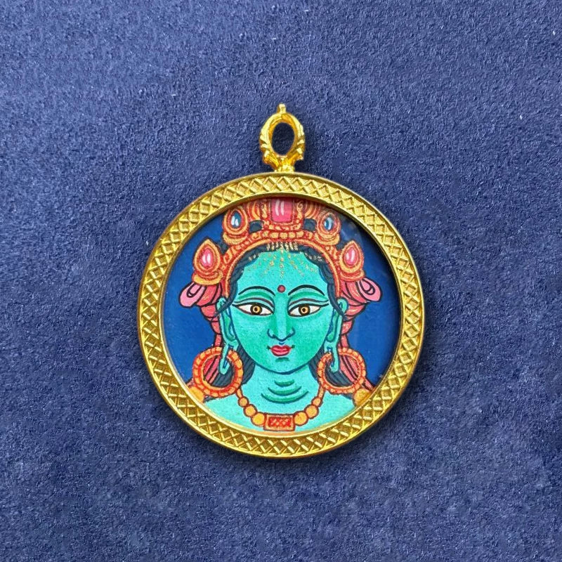 Hand-Painted Tibetan Green Tara Thangka Pendant Amulet