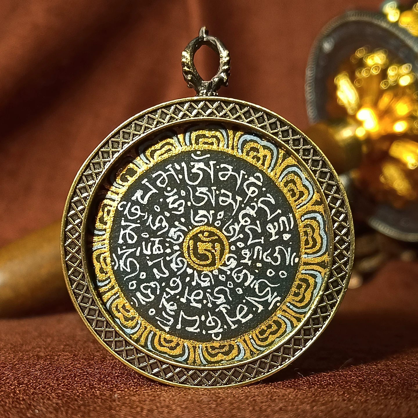 Hand-Painted Tibetan Thangka Mantra Amulet Pendant