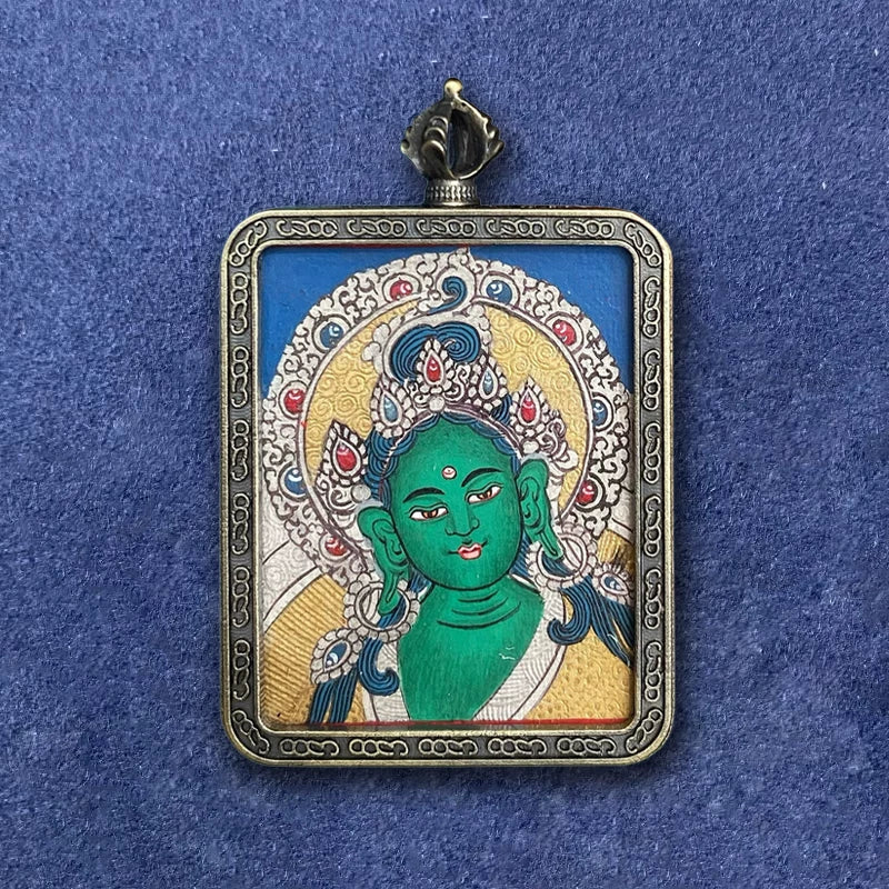 Hand-Painted Tibetan Green Tara Thangka Pendant Amulet