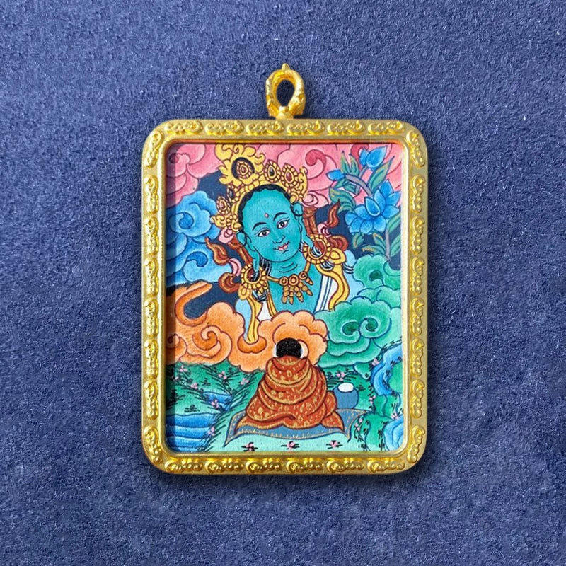 Hand-Painted Tibetan Green Tara Thangka Pendant Amulet