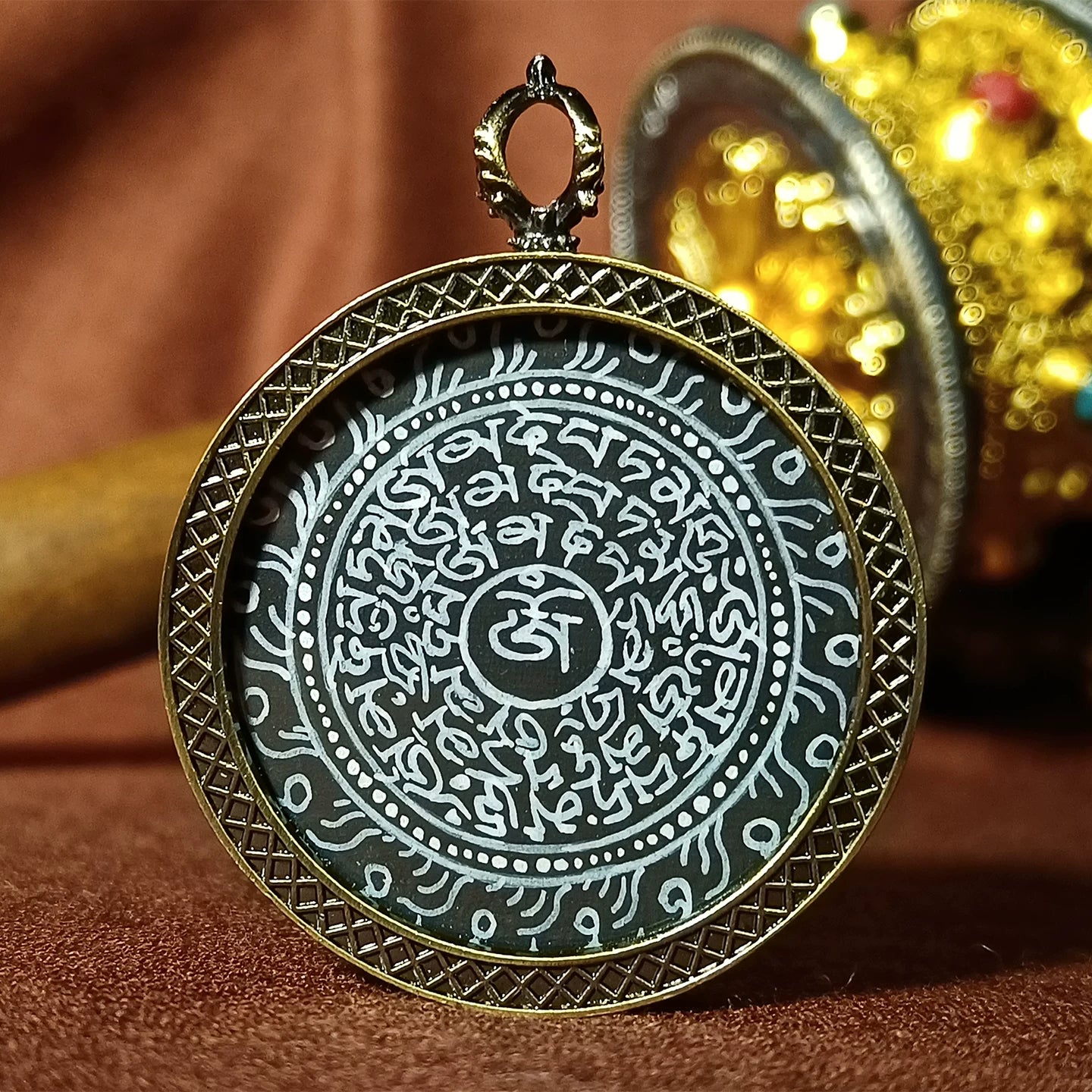 Hand-Painted Tibetan Thangka Mantra Amulet Pendant