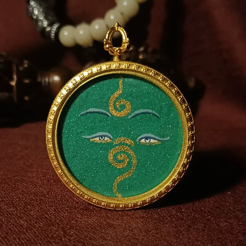 Hand-Painted Tibetan Thangka Pendant - Green Tara Buddha Eye Amulet