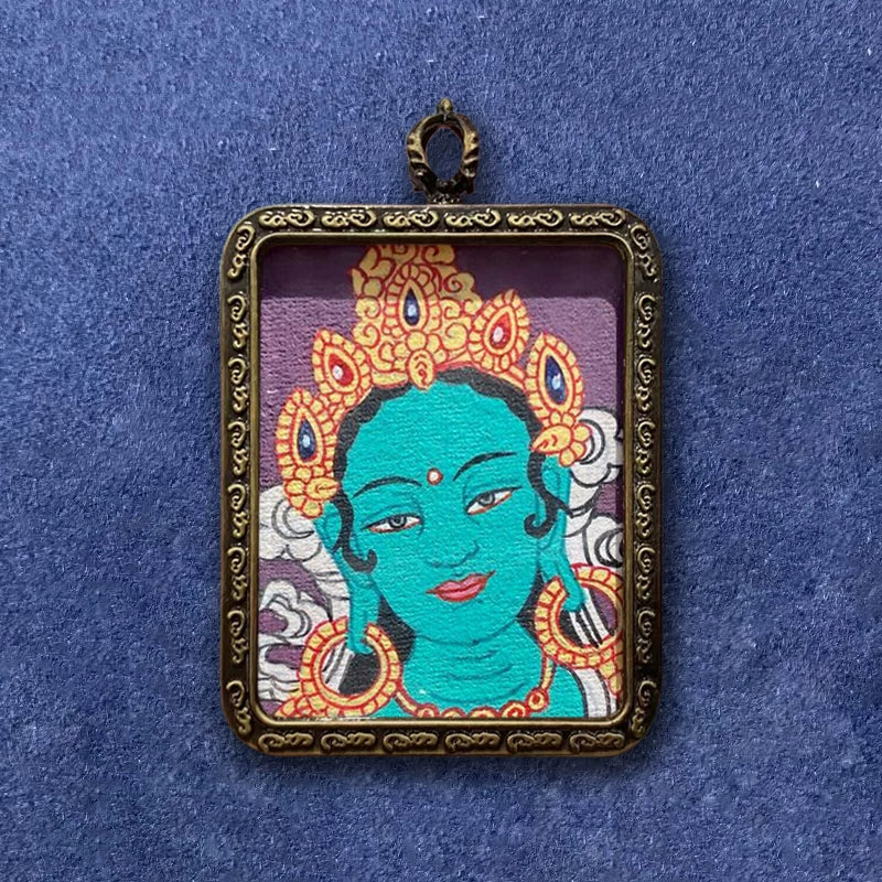 Hand-Painted Tibetan Green Tara Thangka Pendant Amulet
