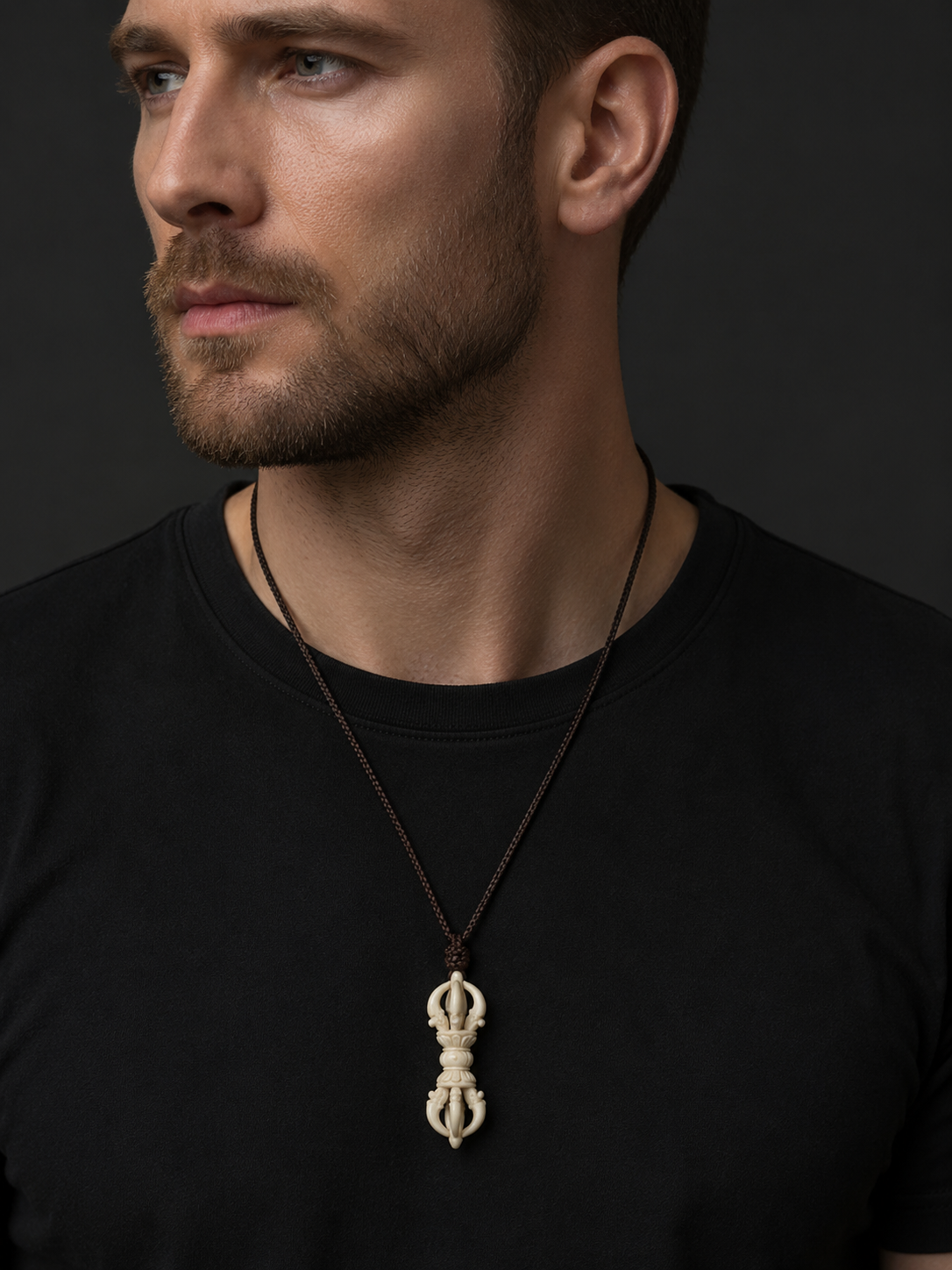 Hand-Carved Tibetan Yak Bone Vajra Amulet Necklace