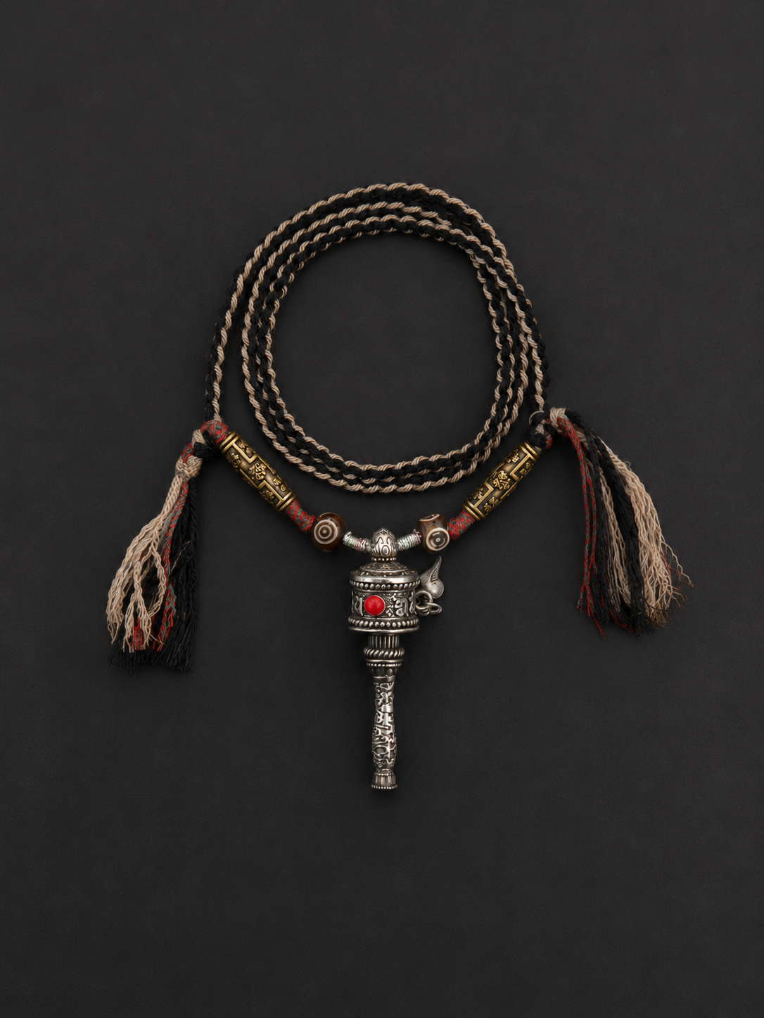 Vintage Tibetan Prayer Wheel Pendant Necklace Handmade Braided Rope