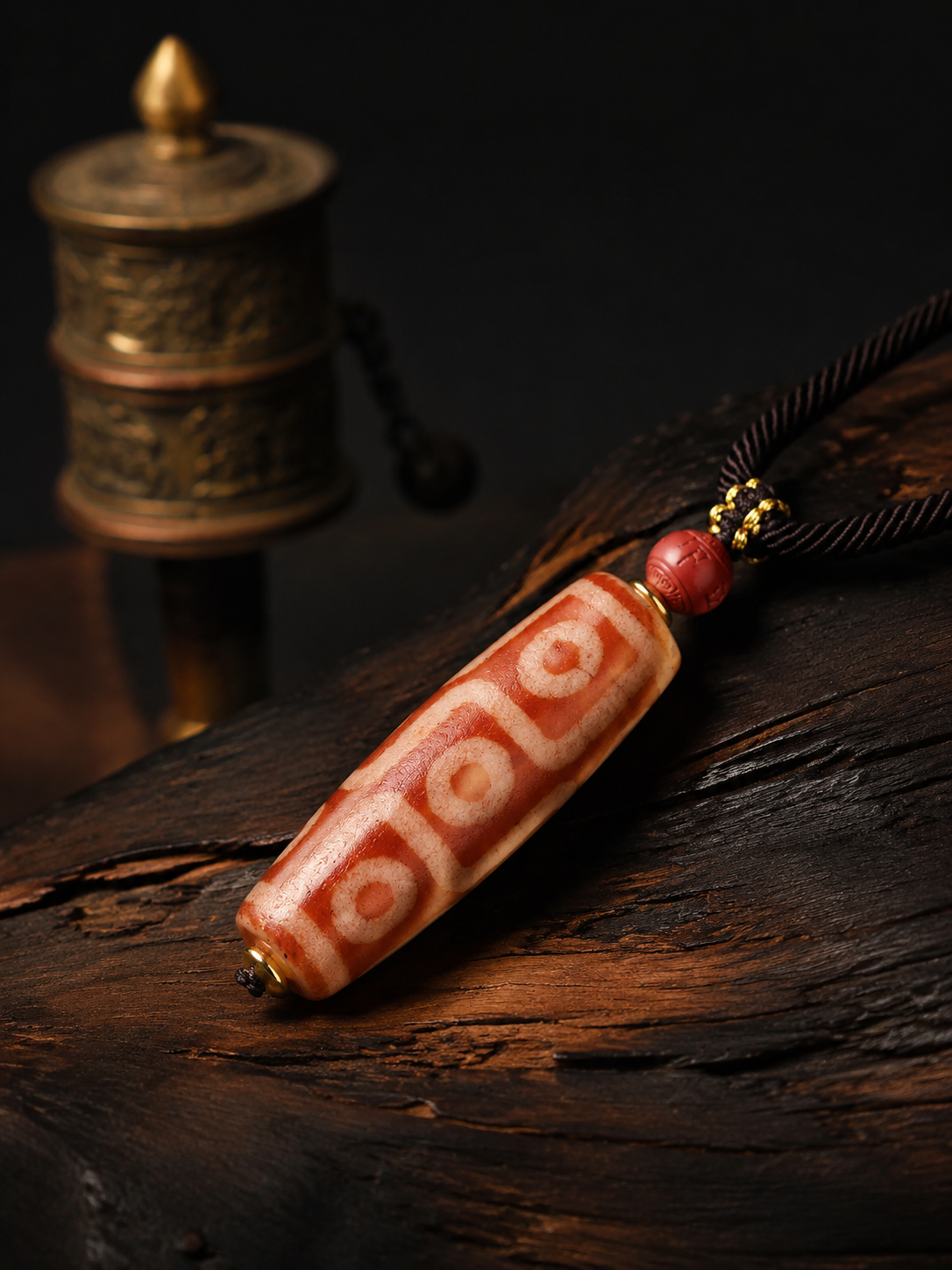 Authentic Tibetan 9-Eye Red Agate Dzi Bead Pendant Necklace