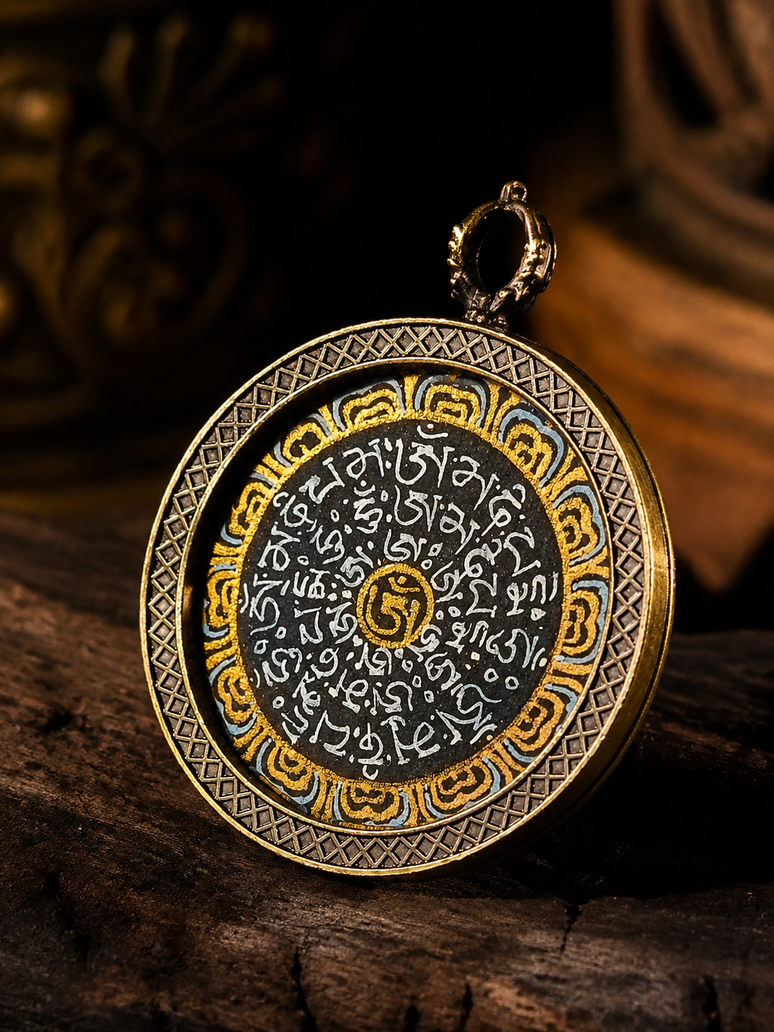 Hand-Painted Tibetan Thangka Mantra Amulet Pendant