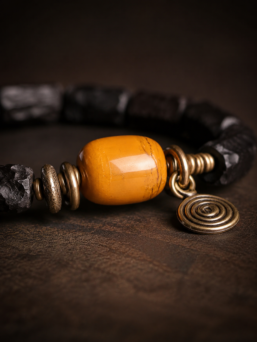 Vintage Ebony Wood Tibetan Bracelet with Spiral Charm