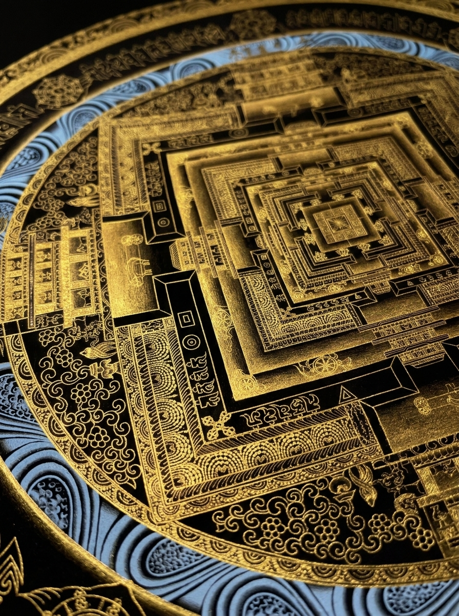 Hand-Painted Black & Gold Kalachakra Mandala Thangka
