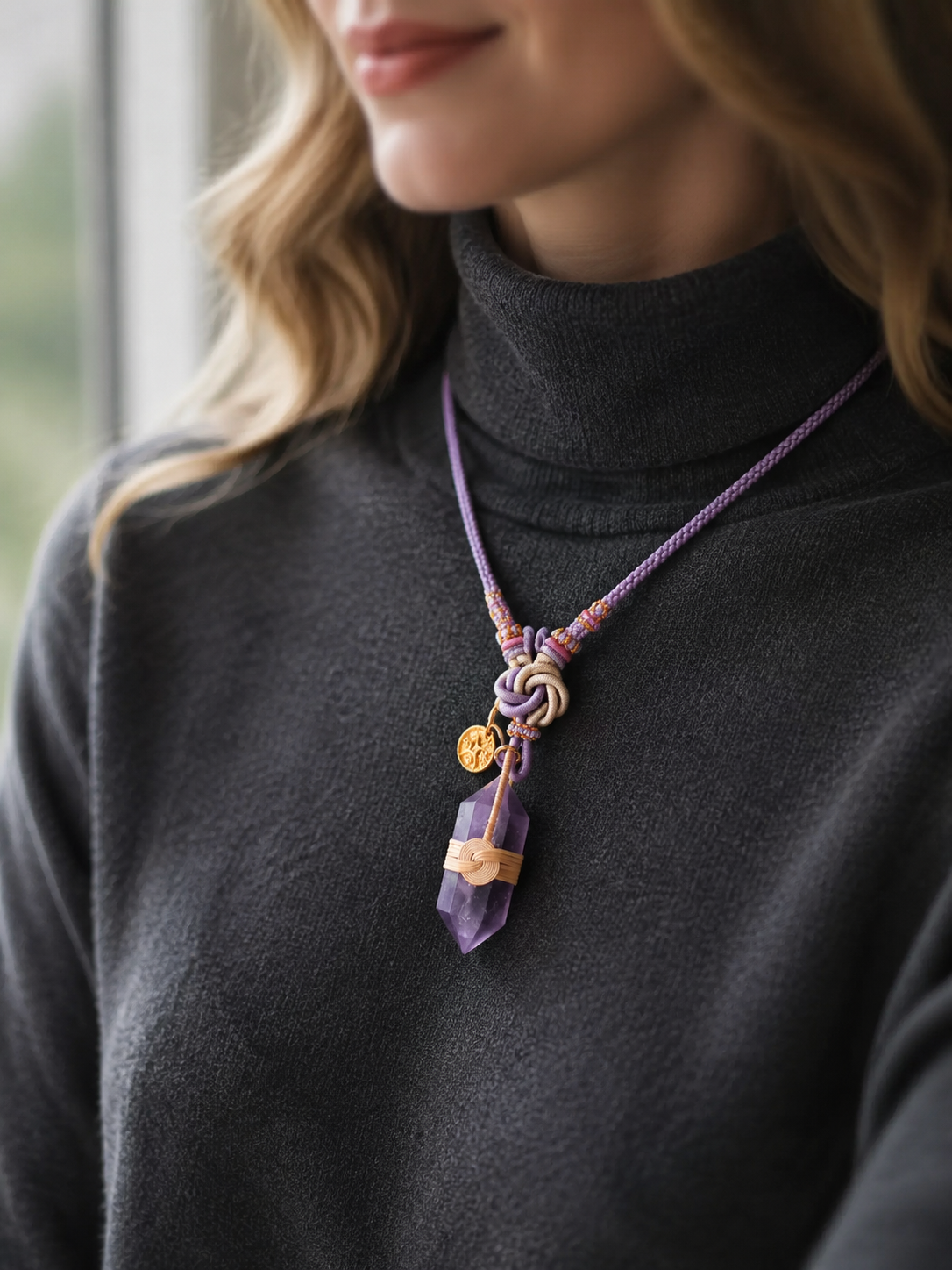 Handmade Amethyst Crystal Rattan Woven Fortune Pendant