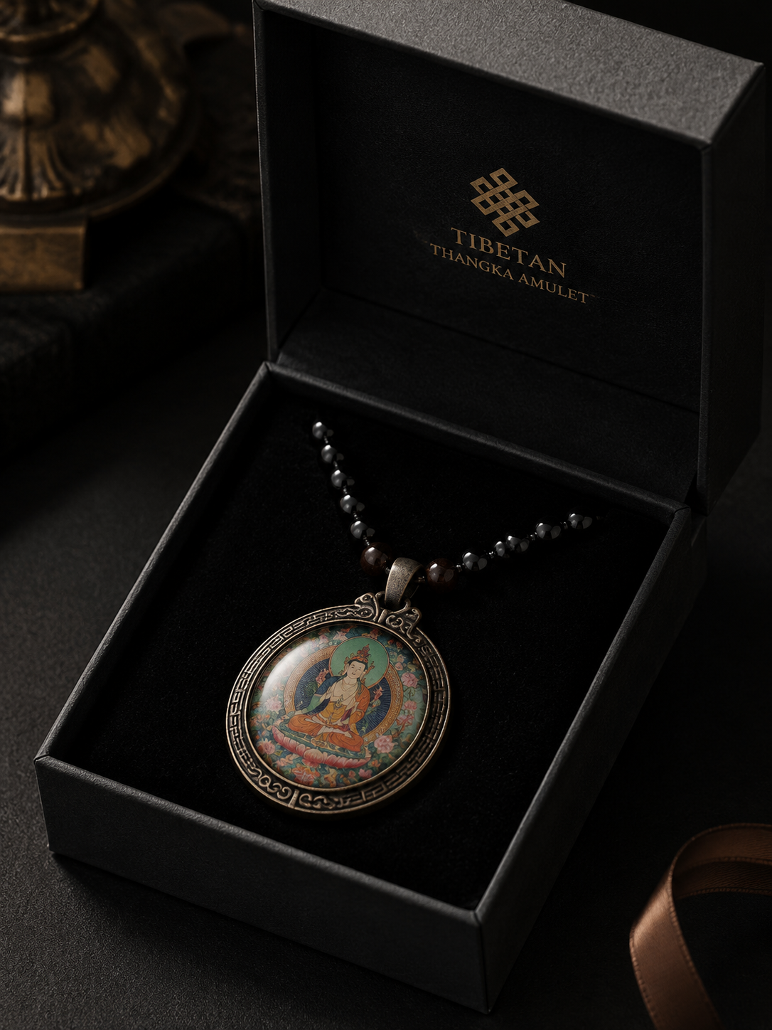 Hand-Painted Tibetan Thangka Amulet Pendant Necklace