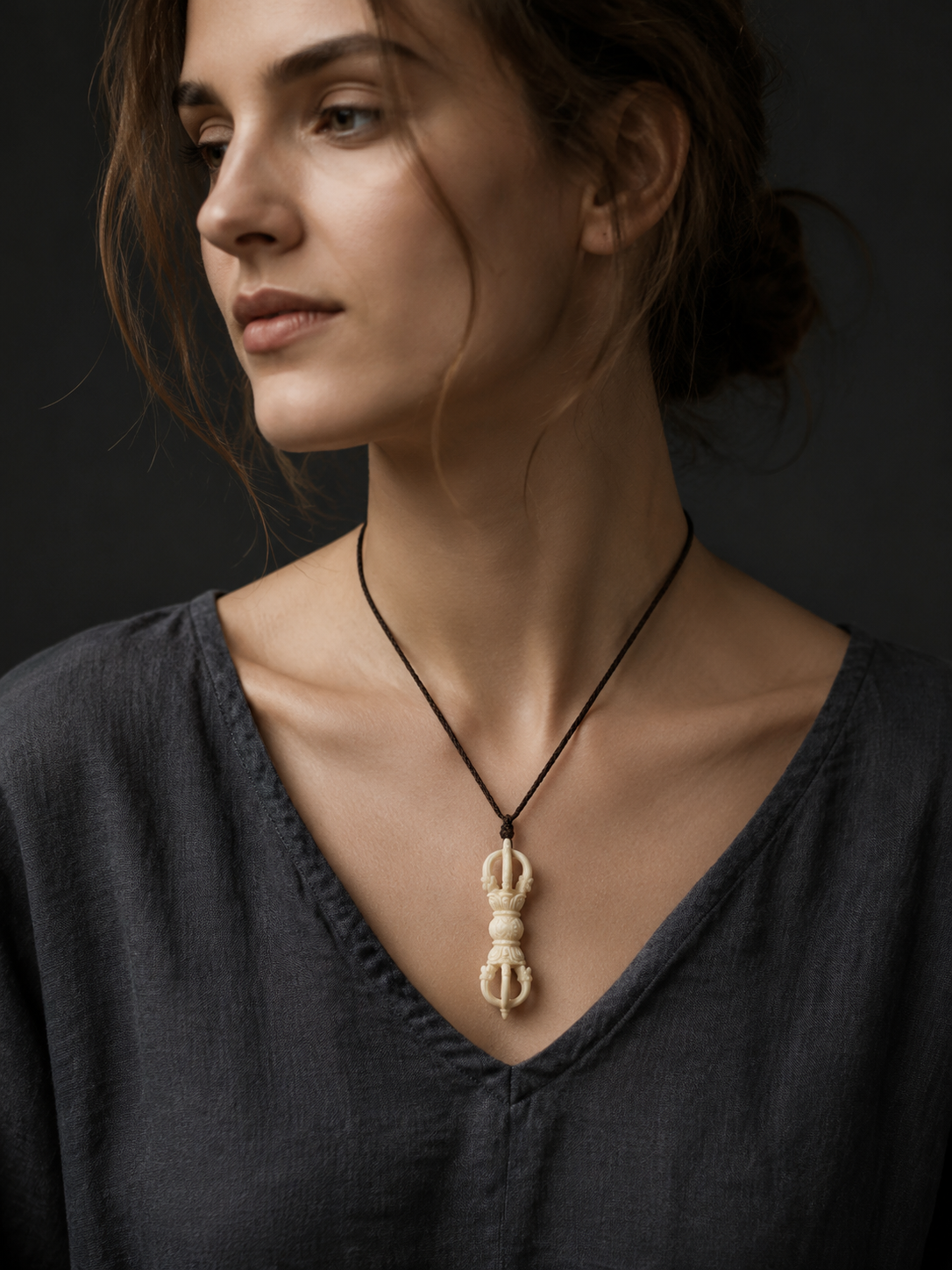 Hand-Carved Tibetan Yak Bone Vajra Amulet Necklace