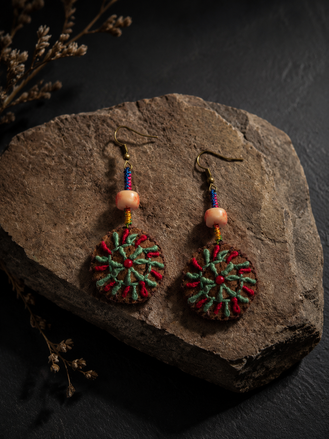 Handmade Tibetan Embroidered Leather Drop Earrings