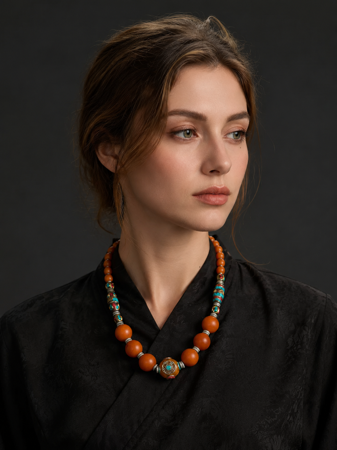 Handmade Tibetan Resin Bead Necklace with Turquoise Inlay