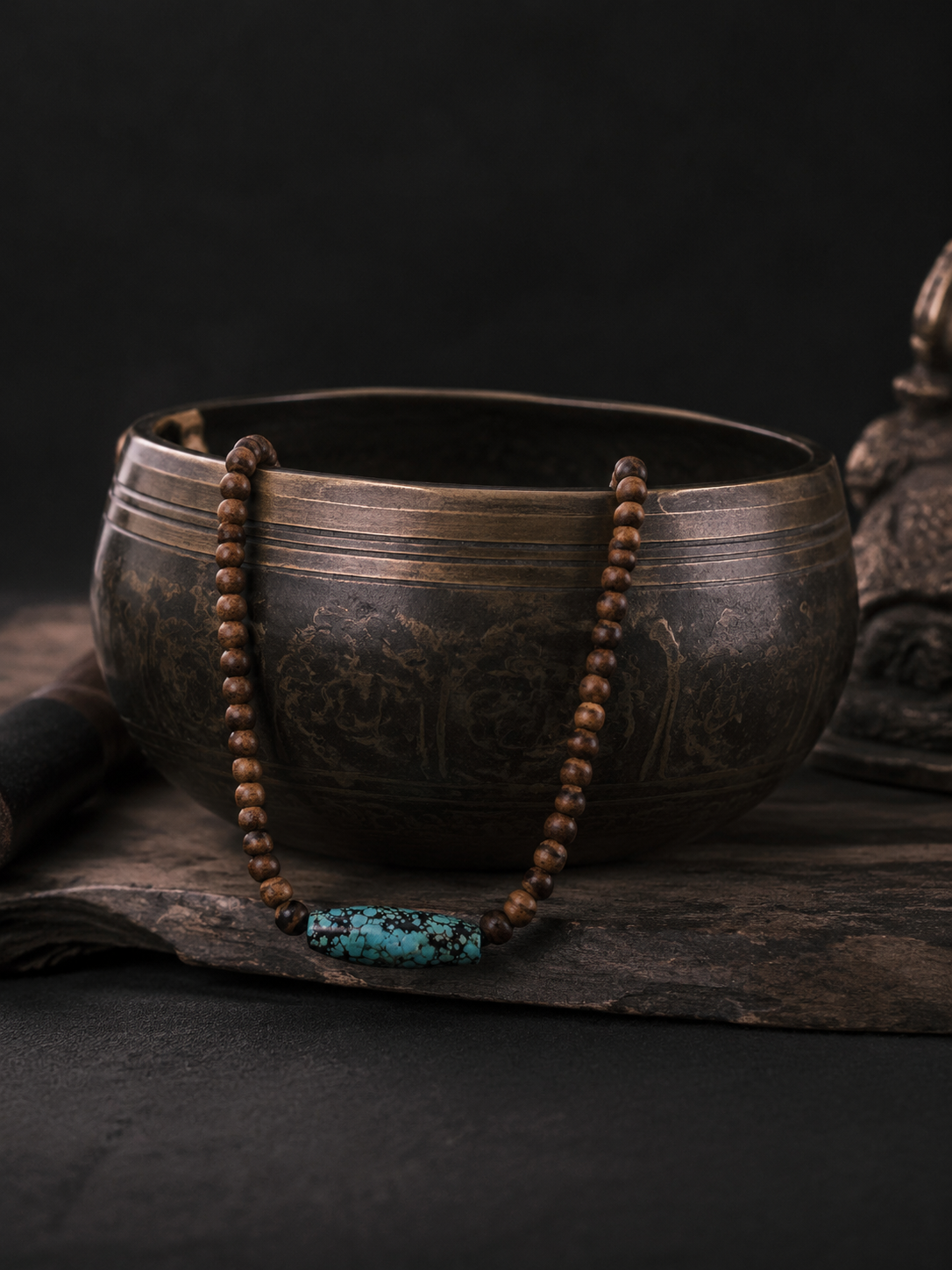 Vintage Tibetan Wooden Beaded Necklace with Turquoise Barrel