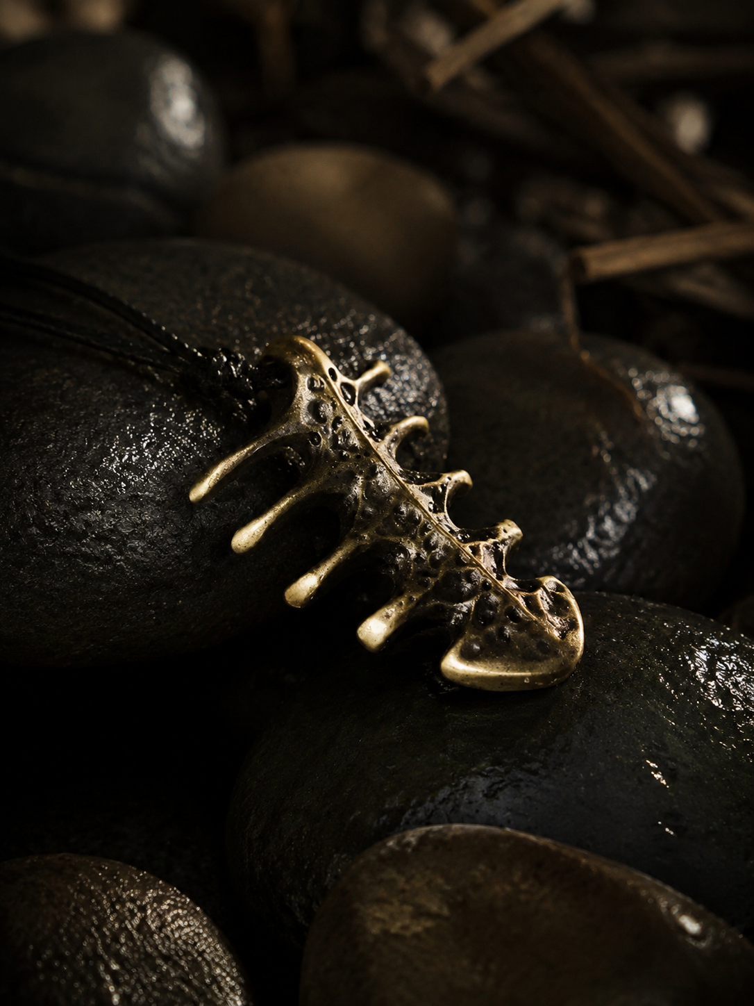 Vintage Brass Fishbone Amulet Pendant Necklace