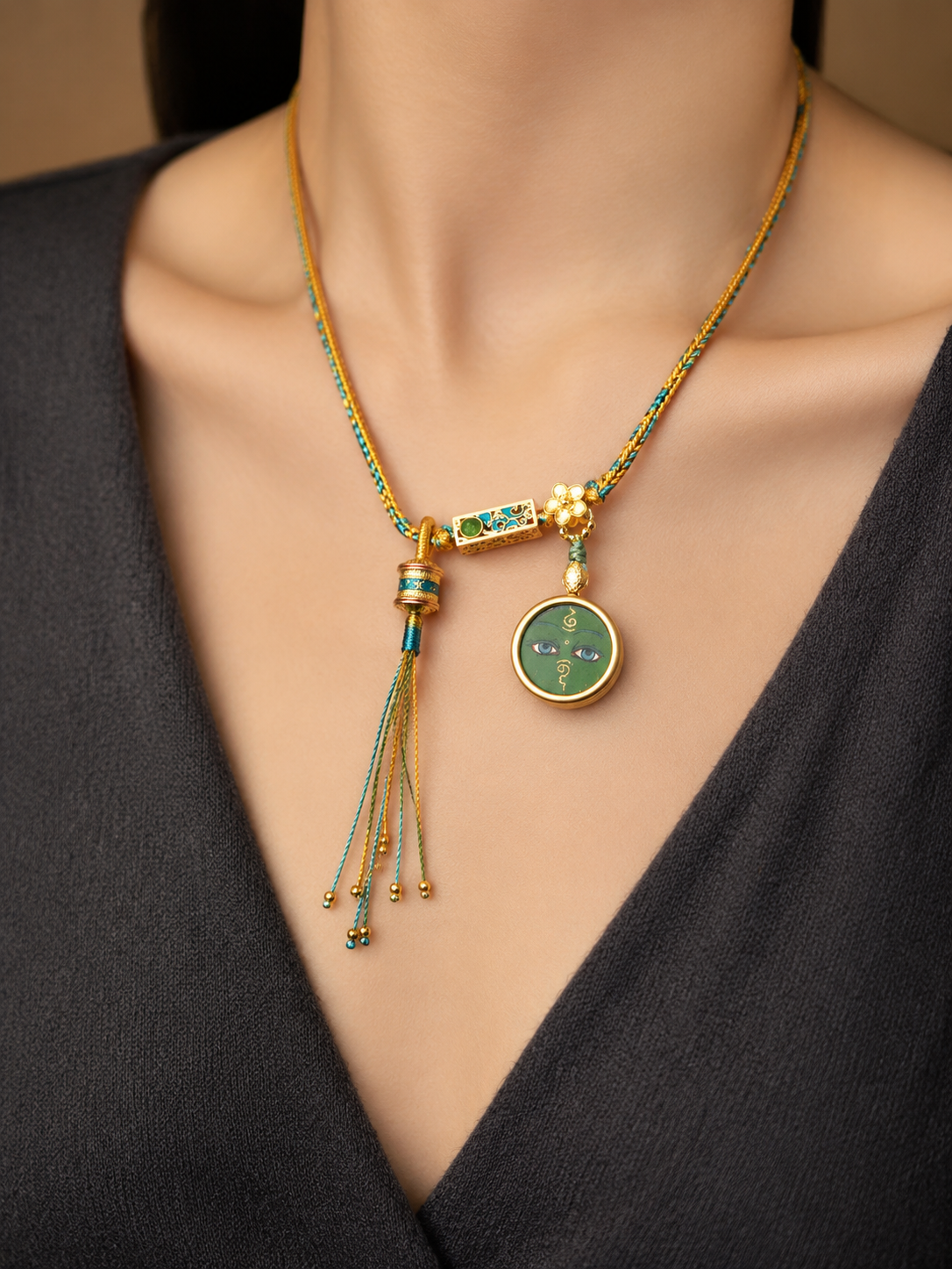 Hand-Painted Green Tara Tibetan Amulet Necklace