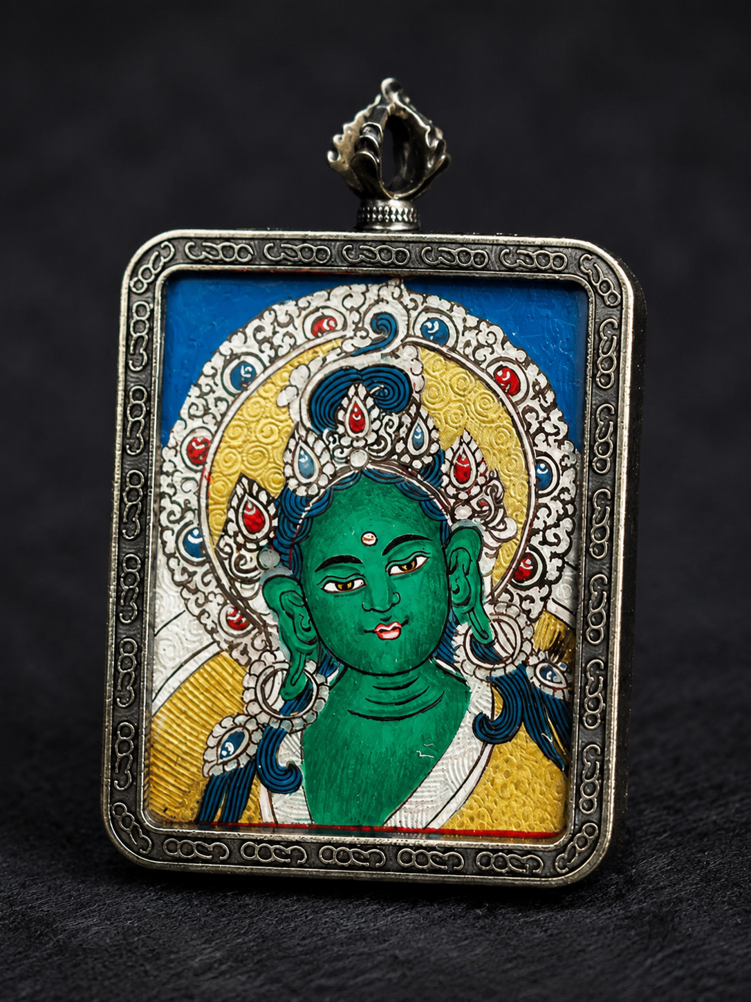 Hand-Painted Tibetan Green Tara Thangka Pendant Amulet