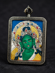 Hand-Painted Tibetan Green Tara Thangka Pendant Amulet