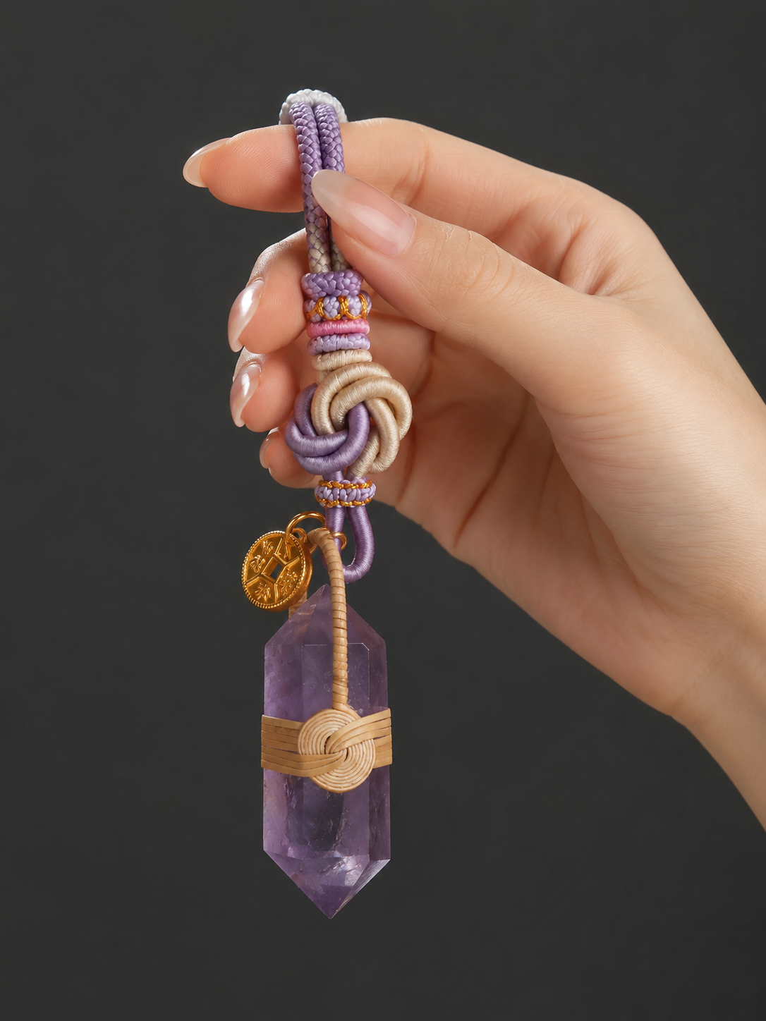 Handmade Amethyst Crystal Rattan Woven Fortune Pendant
