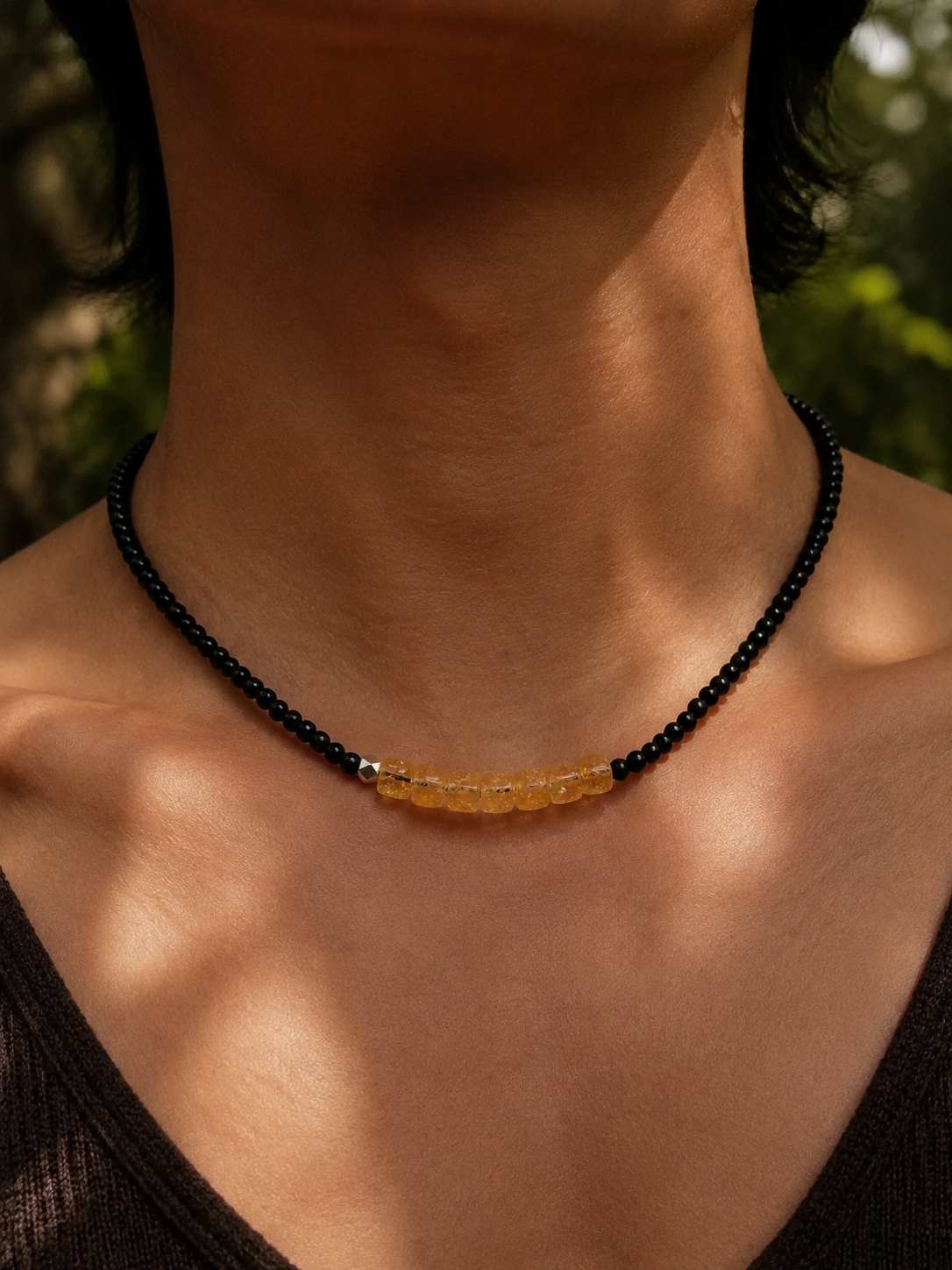 Tibetan Black Agate & Citrine Beaded Choker Necklace