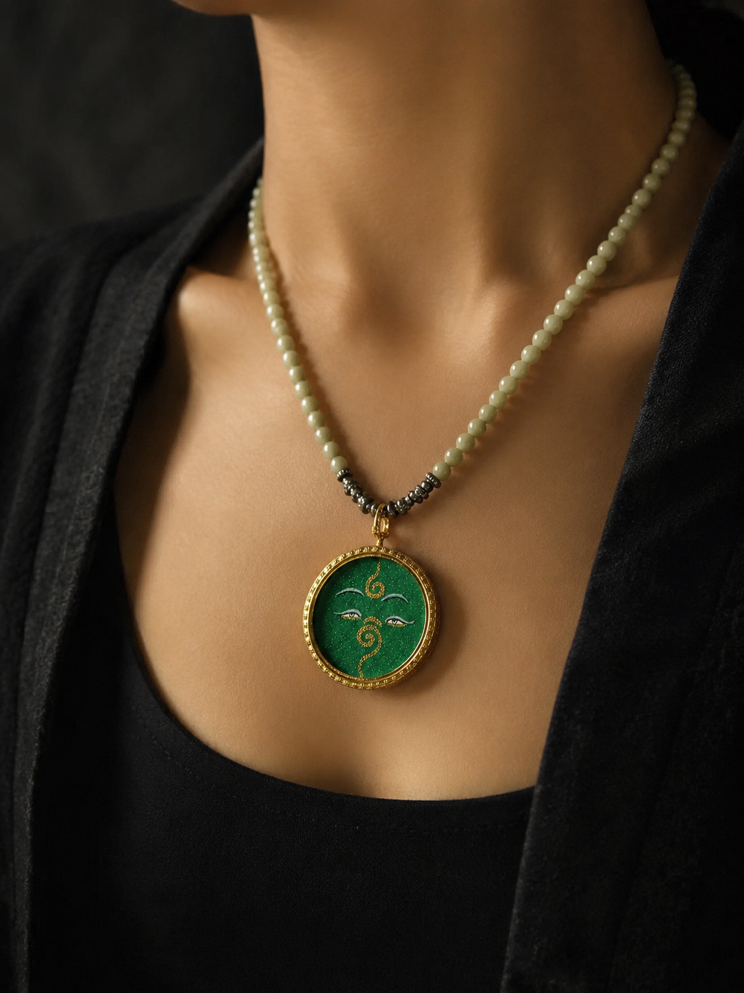 Hand-Painted Tibetan Thangka Pendant - Green Tara Buddha Eye Amulet