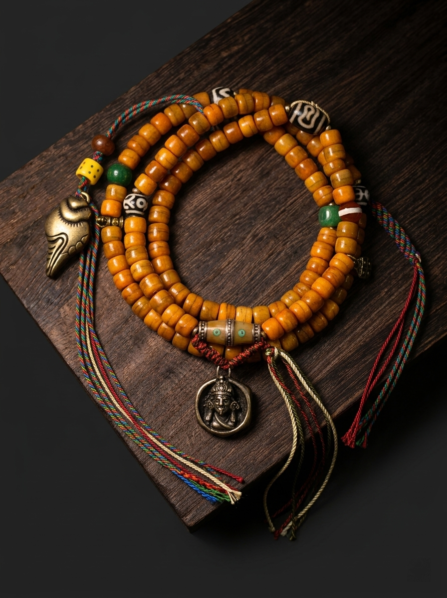 Tibetan Yak Bone 108 Mala Bracelet with Zhaji Lamu Amulet