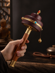Tibetan Leather Handheld Prayer Wheel with Brass & Stones