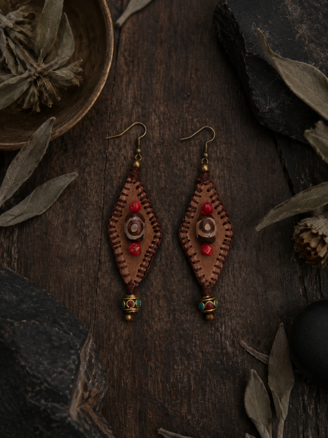Handmade Tibetan Dzi Bead Leather Drop Earrings