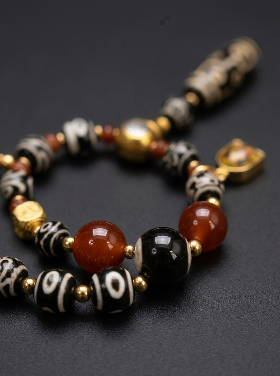 Tibetan Dzi Bead & Gau Box Protection Pendant