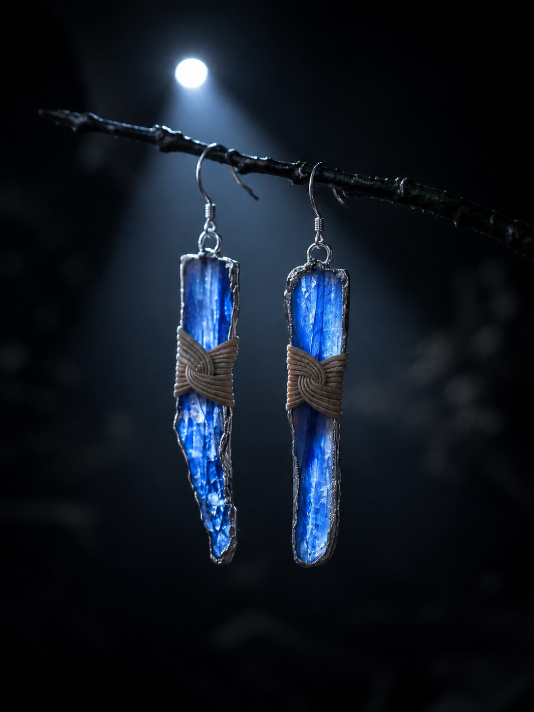 Tibetan Raw Blue Crystal Bamboo Woven Drop Earrings
