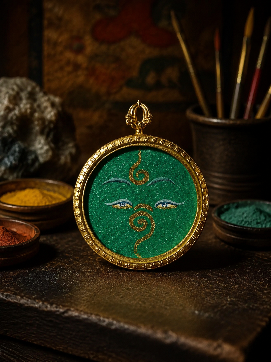 Hand-Painted Tibetan Thangka Pendant - Green Tara Buddha Eye Amulet