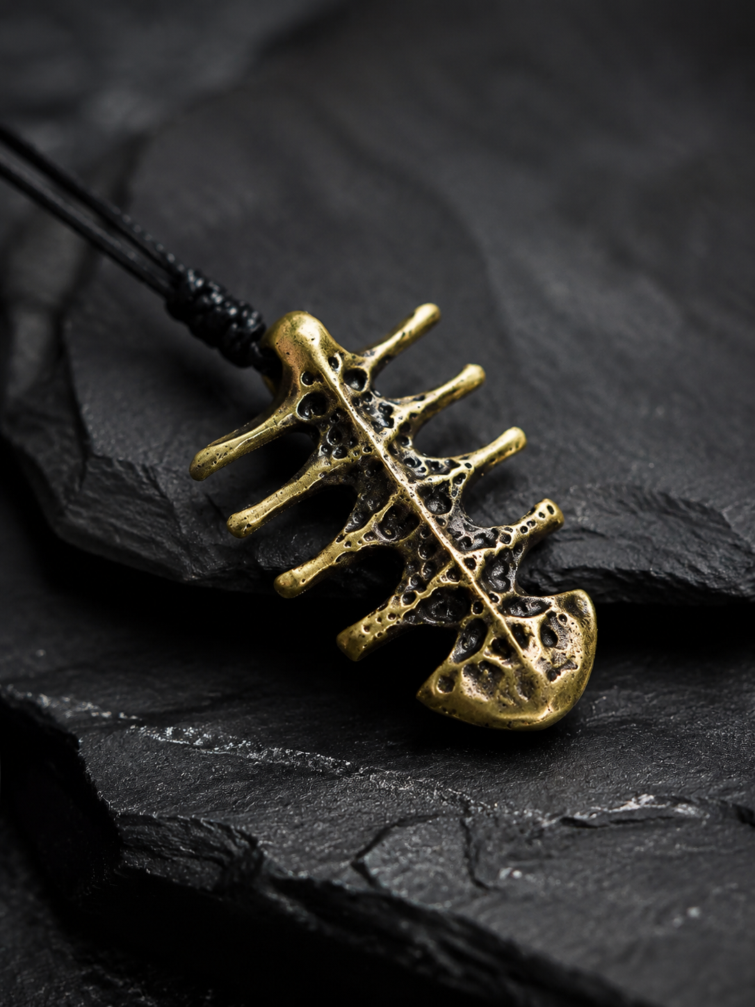Vintage Brass Fishbone Amulet Pendant Necklace