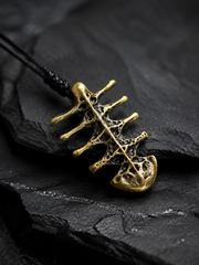 Vintage Brass Fishbone Amulet Pendant Necklace