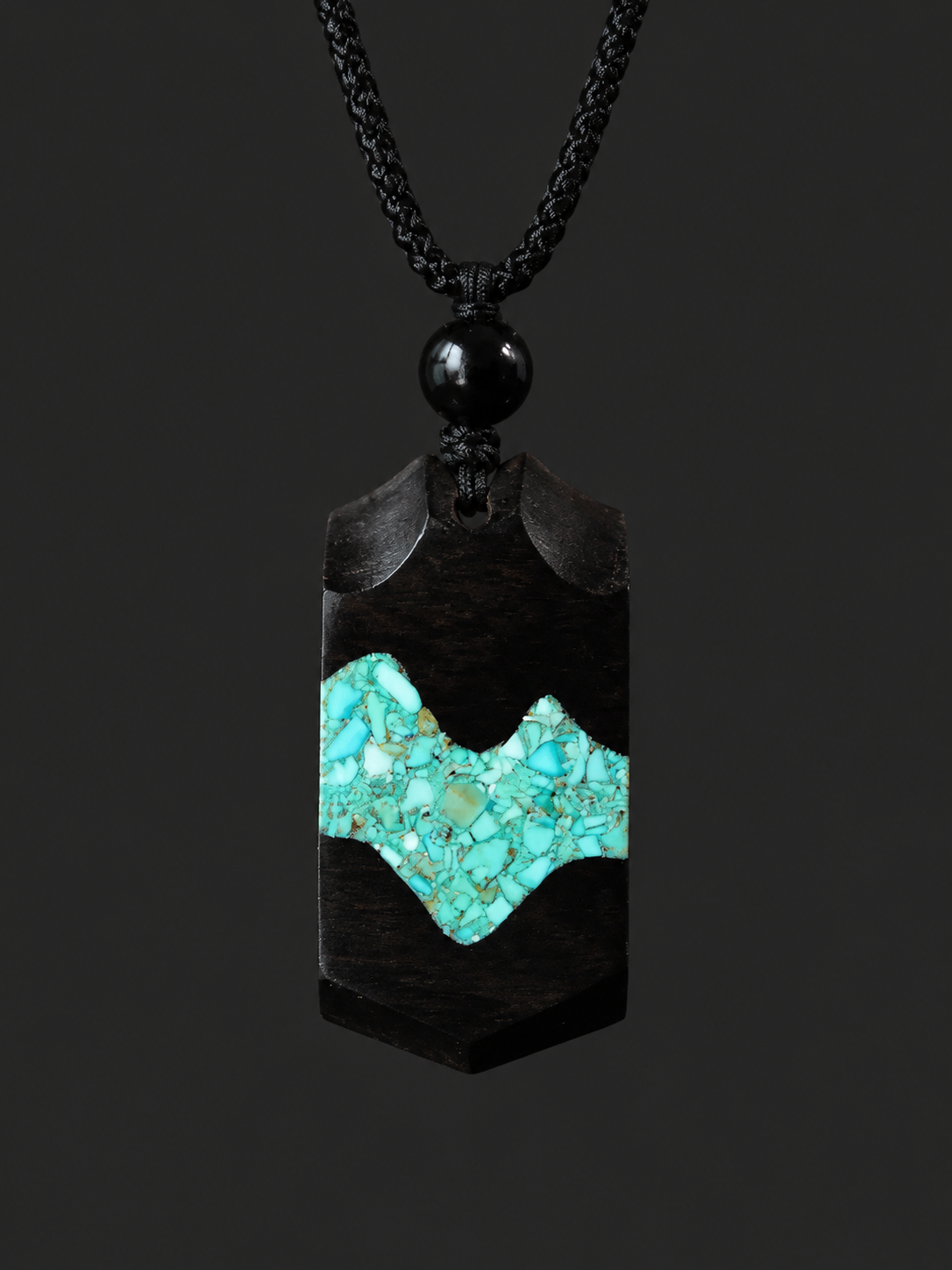 Handmade Tibetan Ebony Wood & Turquoise Mountain Pendant Necklace