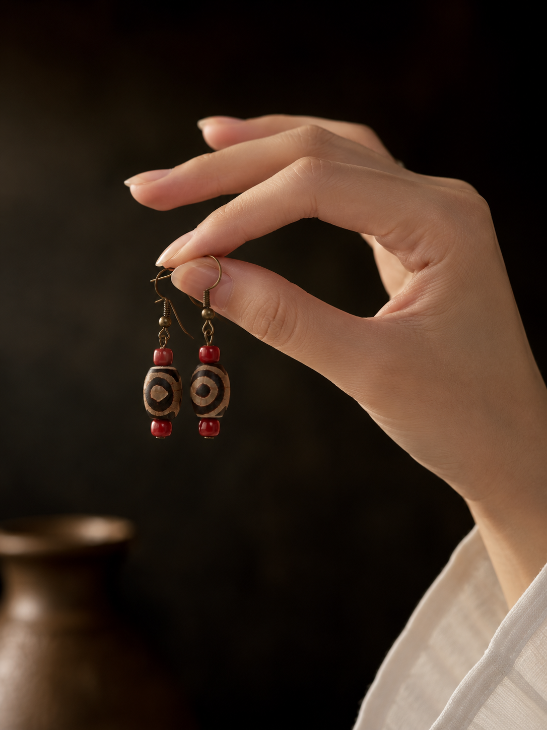Vintage Tibetan Red Agate Dzi Earrings