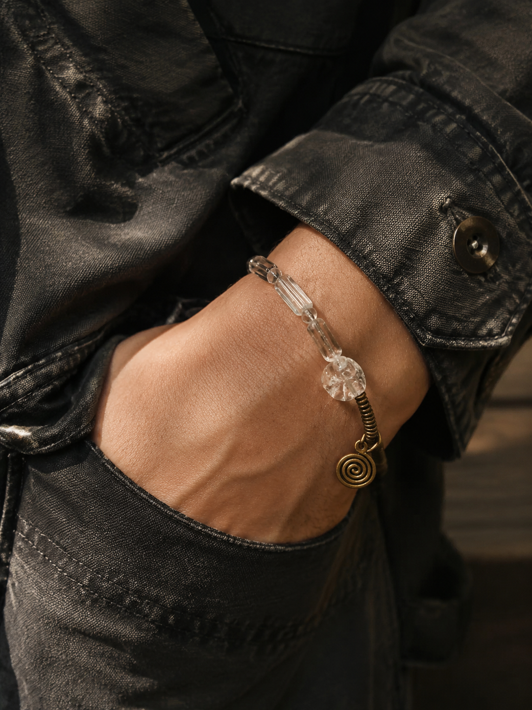 Vintage Tibetan Clear Quartz & Brass Bracelet