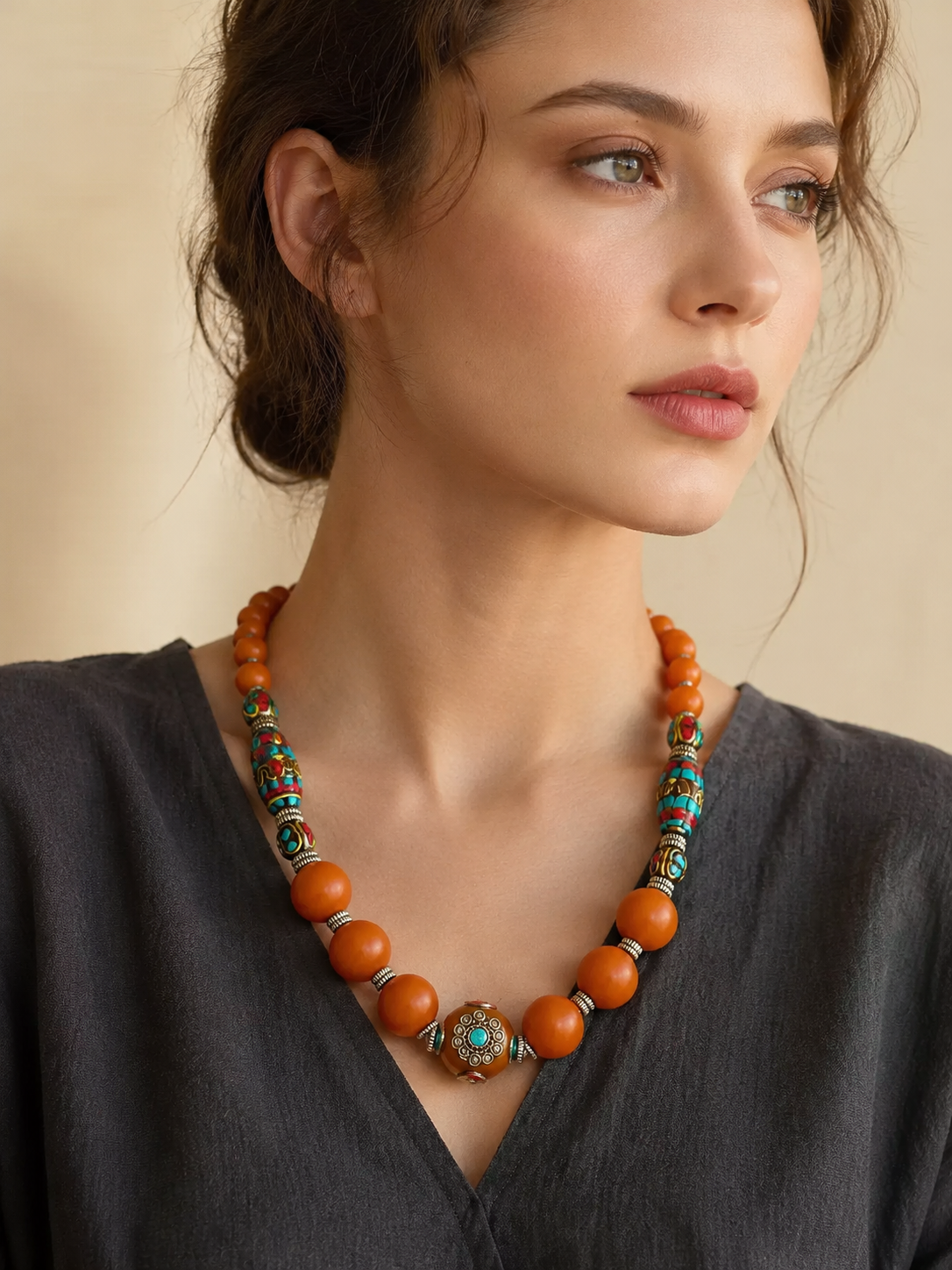 Handmade Tibetan Resin Bead Necklace with Turquoise Inlay