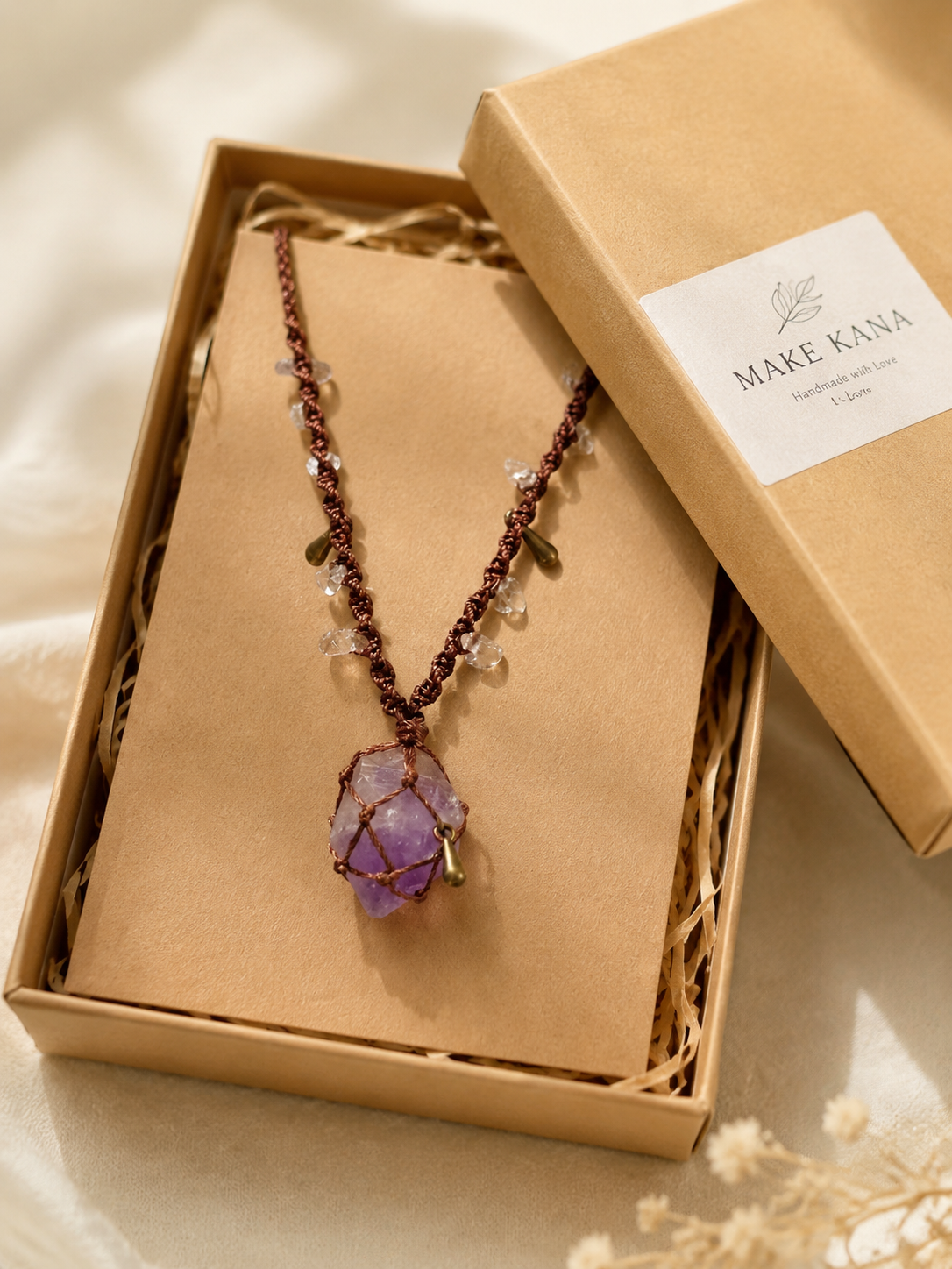 Handmade Tibetan Raw Crystal Macrame Pendant Necklace