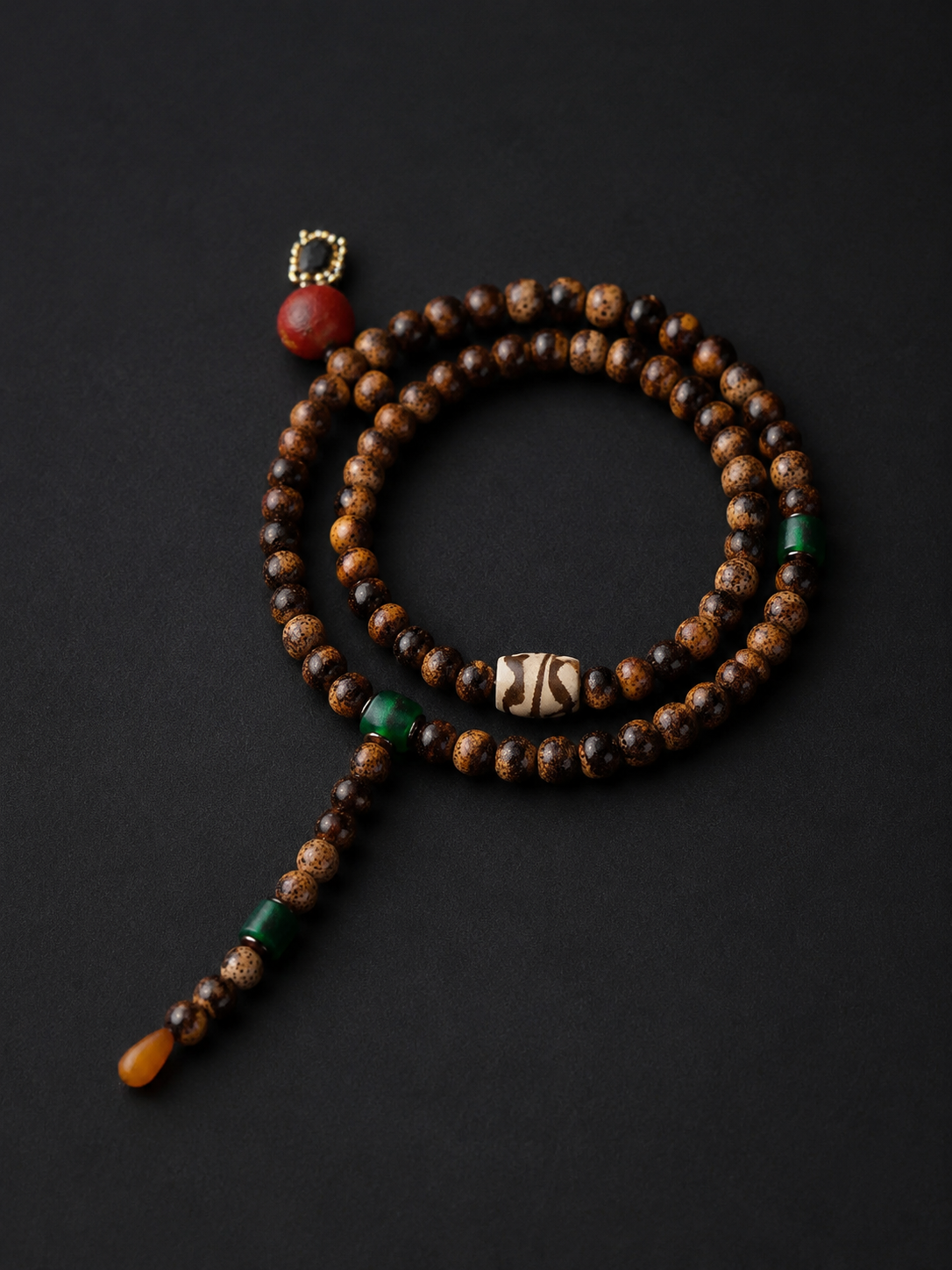 Vintage Tibetan Star Moon Bodhi & Dzi Bead Wrap Bracelet