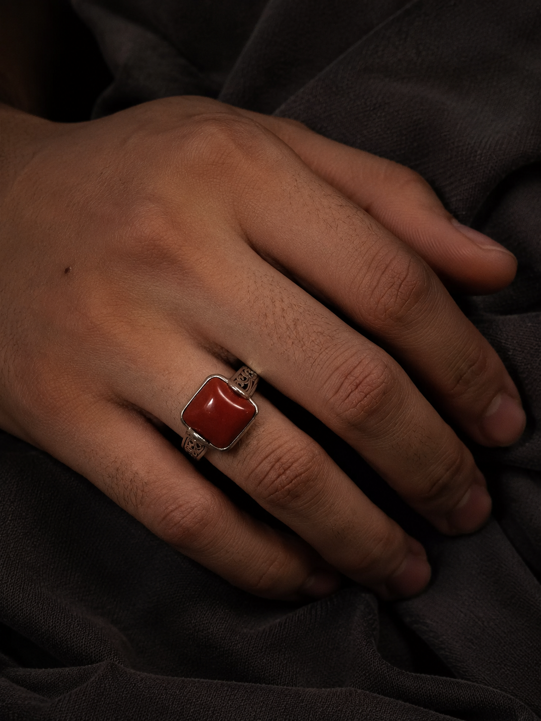 Vintage S925 Silver Nanhong Red Agate Square Ring